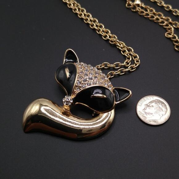 Fox Pendant Brooch Necklace, Black Enamel, Clear Rhinestones, 36" Chain - Picture 5 of 7